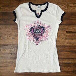 Y2K‎ Racing Baby Tee White Pink Graphic Rhinestone TShirt Medium New Deadstock